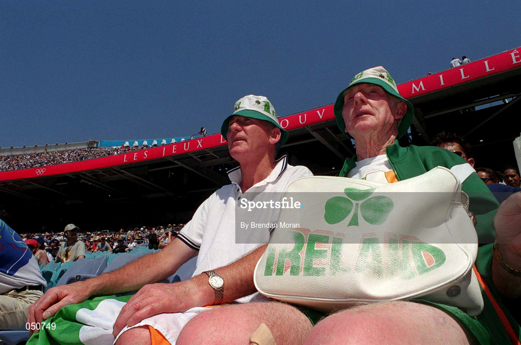 23 September 2000; Irish fans Harry O'Gorman, left and Sean Callan in Stadium Australia, Sydney Olympic Park, Homebush Bay, Sydney, Australia. Photo by Brendan Moran/Sportsfile