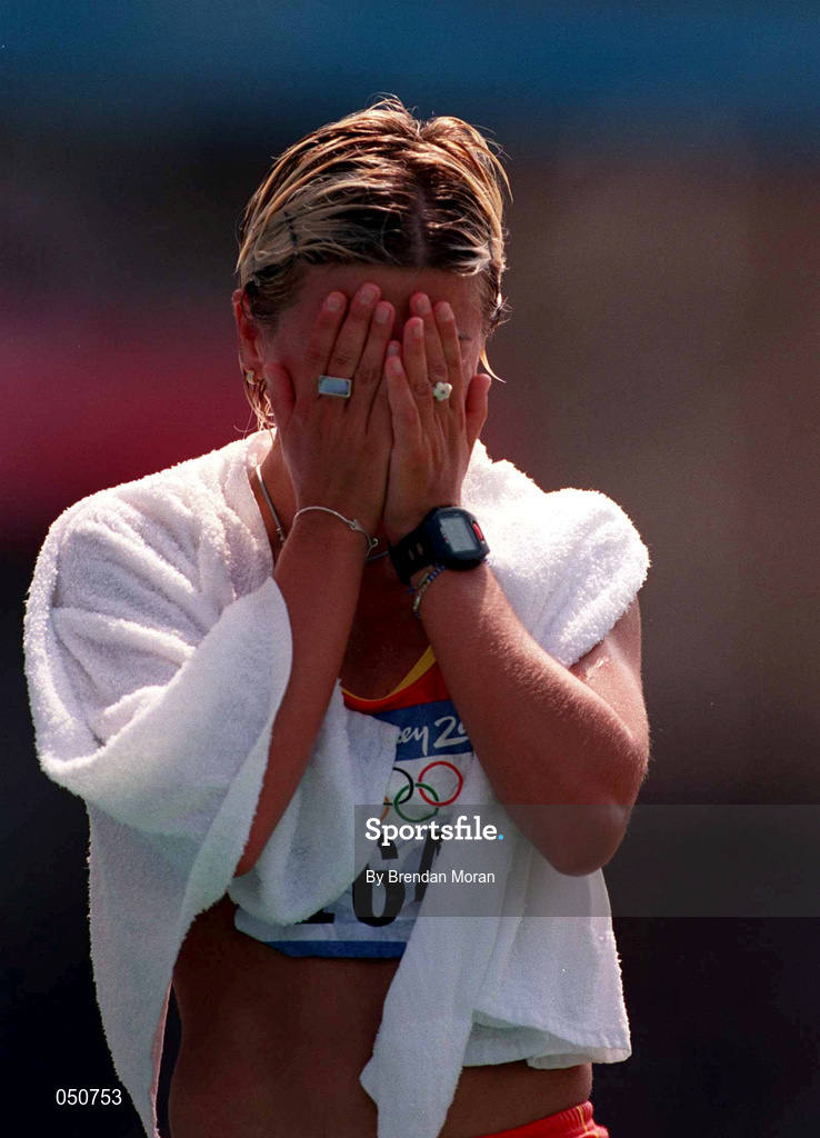 23 September 2000; Maria Vasco of Spain shows her delight   after winning bronze in womens 20k walk during the Sydney Olympics at Sydney Olympic Park in Sydney, Australia. Photo by Brendan Moran/Sportsfile