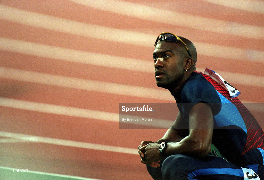 25 September 2000; Allen Johnson of USA following mens 110m hurdles during the Sydney Olympics at Sydney Olympic Park in Sydney, Australia. Photo by Brendan Moran/Sportsfile