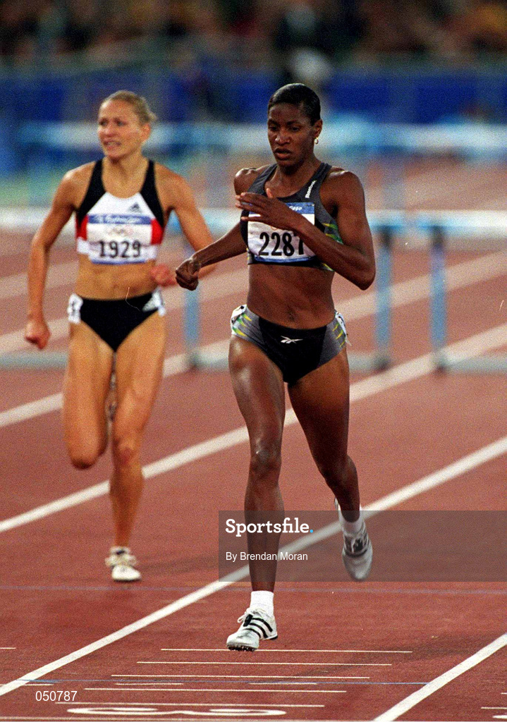 25 September 2000; Deon Hemmings of Jamacia competing in the womens 400m hurdles during the Sydney Olympics at Sydney Olympic Park in Sydney, Australia. Photo by Brendan Moran/Sportsfile