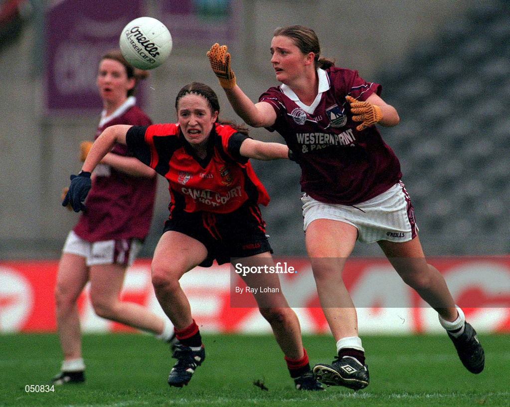 1 October 2000; Aine keary of Down in action against Amette Clarke of Galway during the All-Ireland Ladies Junior Football Final match between Down and Galway at Croke Park in Dublin. Photo by Ray Lohan/Sportsfile
