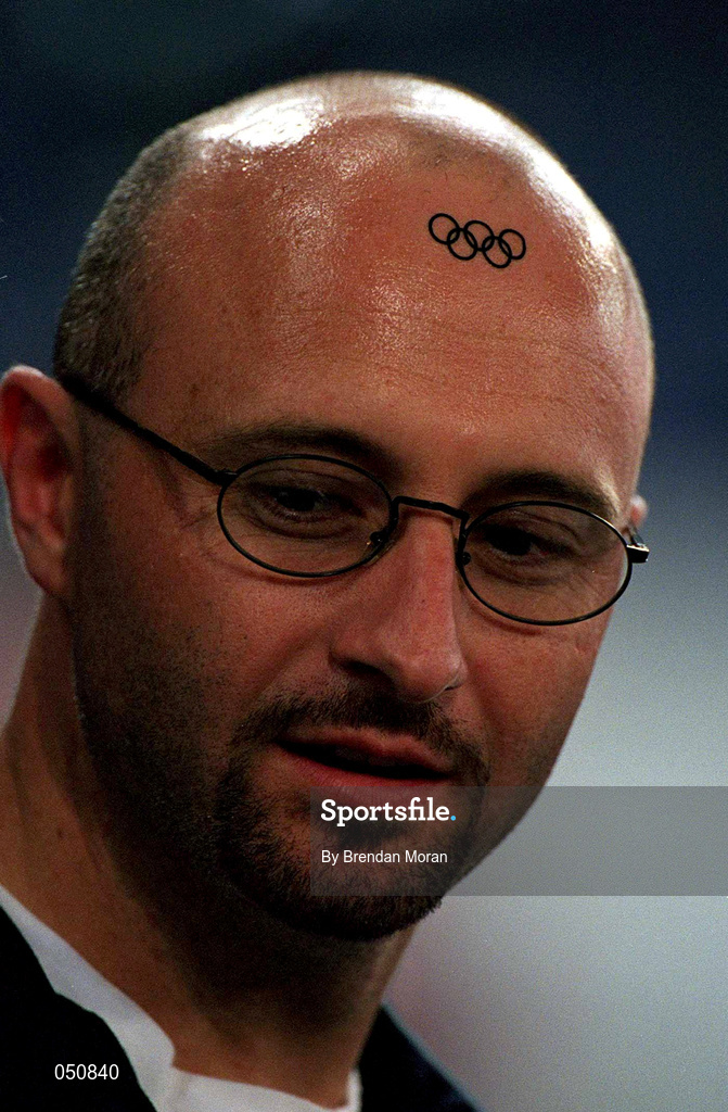 23 September 2000; An Athletics fan with a temporary tattoo of the Olympic Rings on his forehead. Sydney Olympic Park, Homebush Bay, Sydney, Australia. Photo by Brendan Moran/Sportsfile