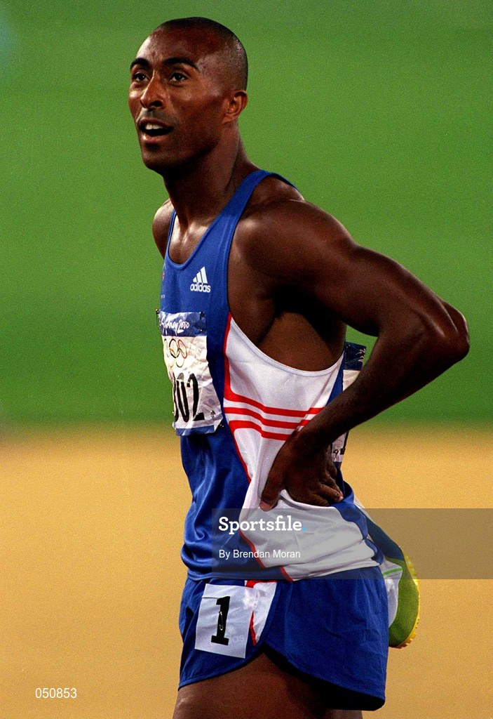 23 September 2000; Colin Jackson, Great Britain, mens 110m hurdles, Stadium Australia, Sydney Olympic Park, Homebush Bay, Sydney, Australia. Photo by Brendan Moran/Sportsfile