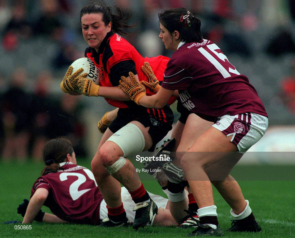 1 October 2000;  Jacqui Clarke of Down in action against Lorna Joyce of Galway during the All-Ireland Ladies Junior Football Final match between Down and Galway at Croke Park in Dublin. Photo by Ray Lohan/Sportsfile