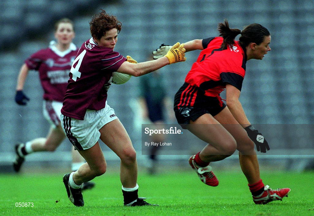 1 October 2000; Martina McGann of Galway in action against Mairead Guinness of Down during the All-Ireland Ladies Junior Football Final match between Down and Galway at Croke Park in Dublin. Photo by Ray Lohan/Sportsfile