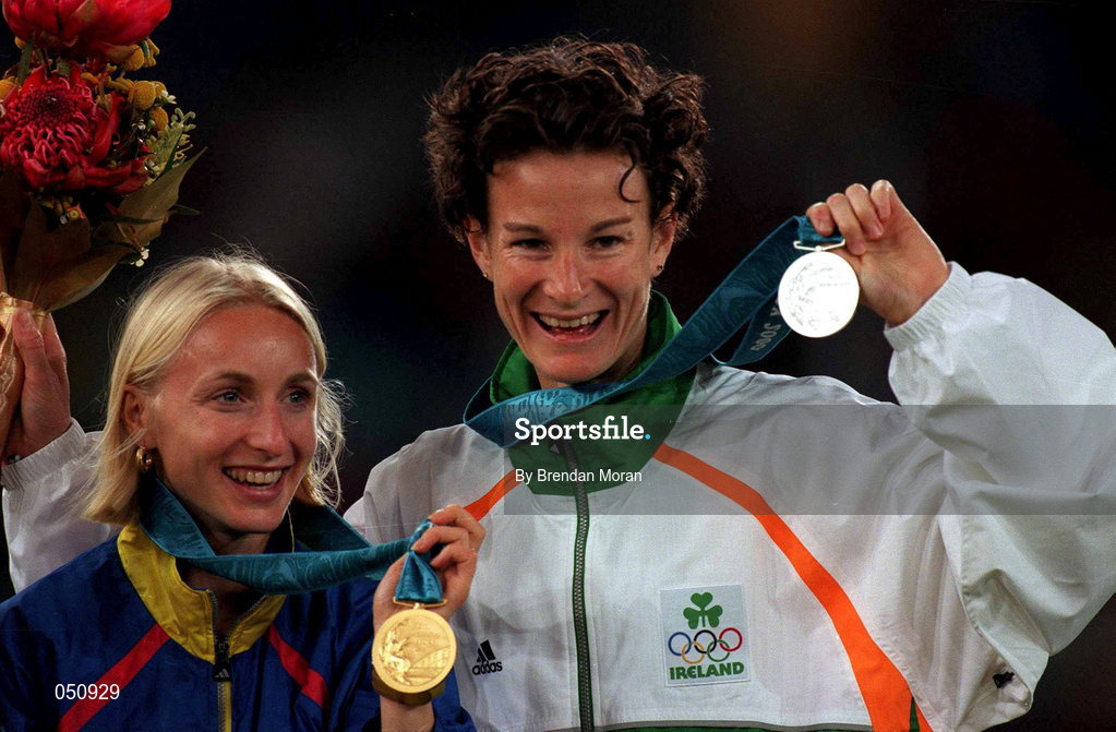 25 September 2000; Gold Medallist Gabriela Szabo of Romania, left, and Silver Medallist Sonia O'Sullivan of Ireland after the womens 10,000 final during the Sydney Olympics at Sydney Olympic Park in Sydney, Australia. Photo by Brendan Moran/Sportsfile