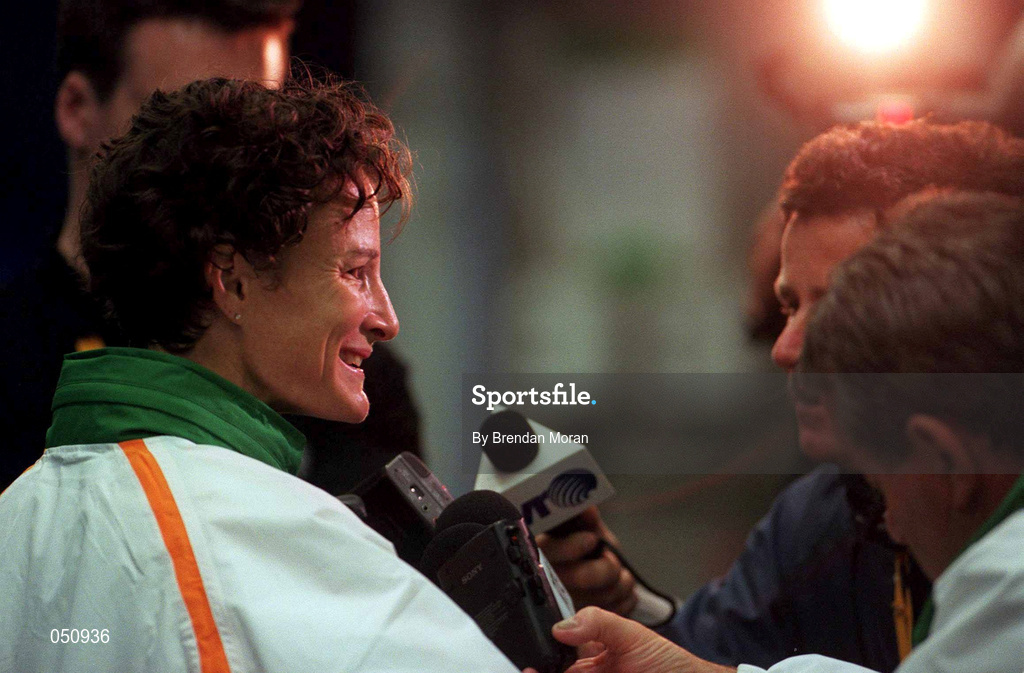 25 September 2000; A delighted Sonia O'Sullivan of Ireland speaks to the media following winning silver in the womens 10,000 final during the Sydney Olympics at Sydney Olympic Park in Sydney, Australia. Photo by Brendan Moran/Sportsfile