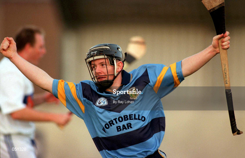 8 October 2000; Mick Gordon, UCD, celebrates after scoring a goal during the Dublin Senior Hurling A Championship Final match between University College Dublin and St Vincents at Parnell Park in Dublin. Photo by Ray Lohan/Sportsfile