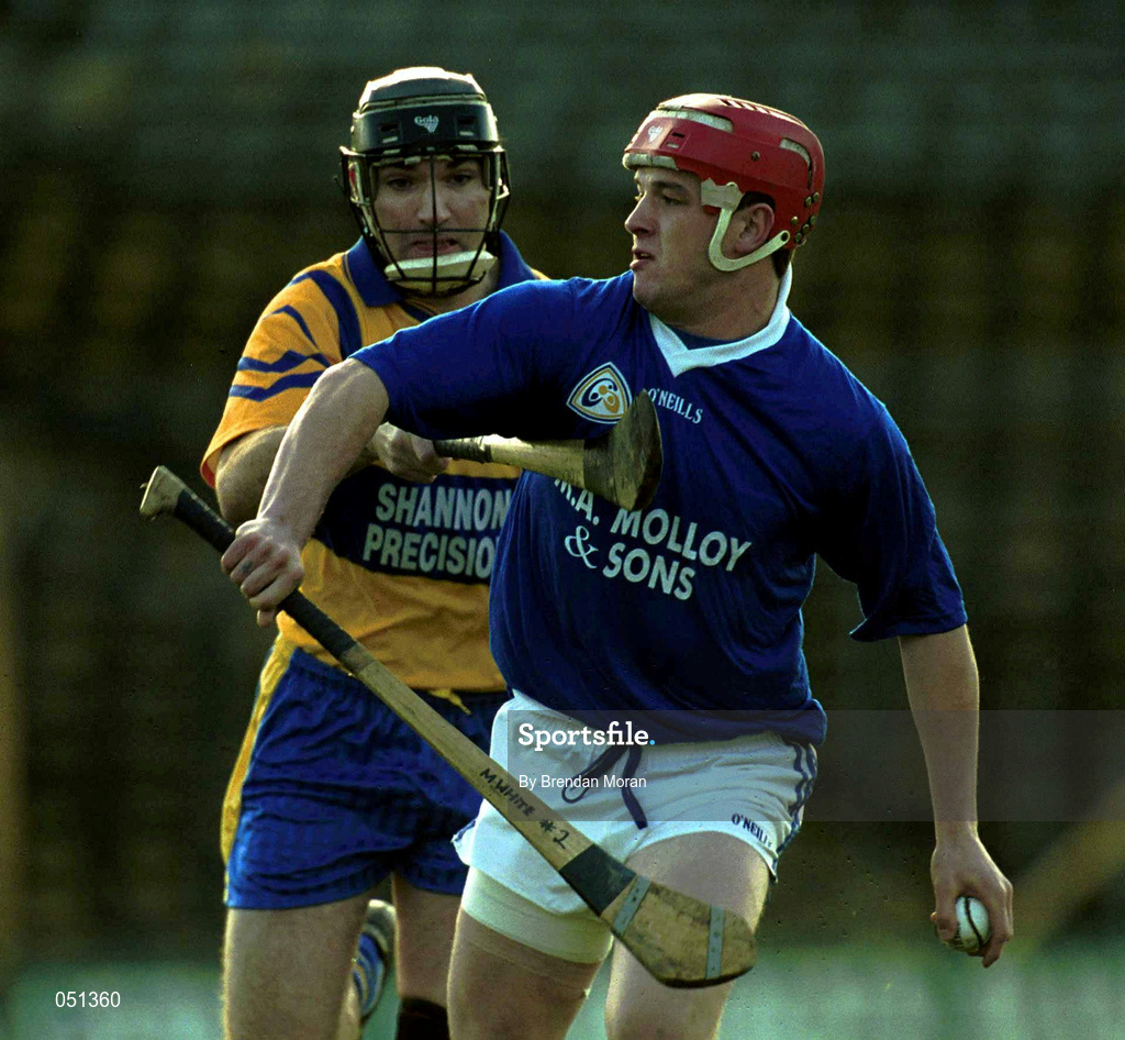 26 November 2000; Michael White of Mount Sion holds off the challenge of John O'Connell of Sixmilebridge during the AIB Munster Club Hurling Championship Final match between Sixmilebridge and Mount Sion at Semple Stadium in Thurles, Tipperary. Photo by Brendan Moran/Sportsfile