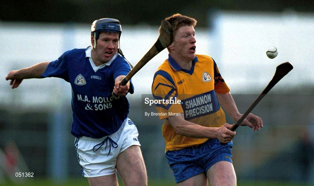 26 November 2000; Niall Gilligan of Sixmilebridge in action against Paul Meany of Mount Sion during the AIB Munster Club Hurling Championship Final match between Sixmilebridge and Mount Sion at Semple Stadium in Thurles, Tipperary. Photo by Brendan Moran/Sportsfile