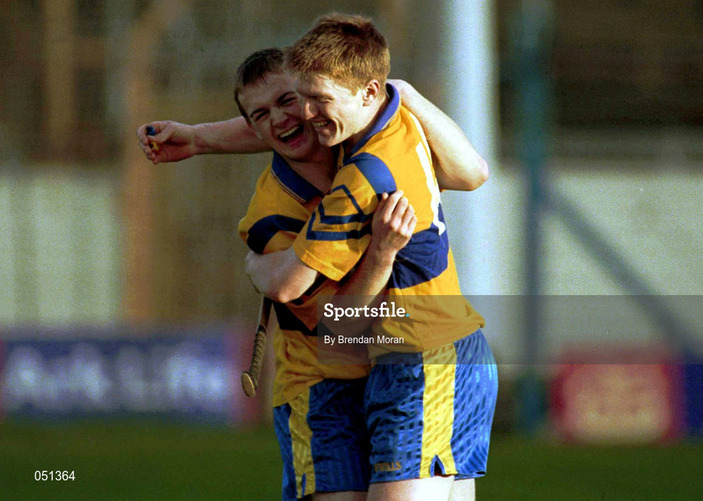 26 November 2000; Paul Fitzpatrick, left, and Niall Gilligan of Sixmilebridge celebrate following the AIB Munster Club Hurling Championship Final match between Sixmilebridge and Mount Sion at Semple Stadium in Thurles, Tipperary. Photo by Brendan Moran/Sportsfile