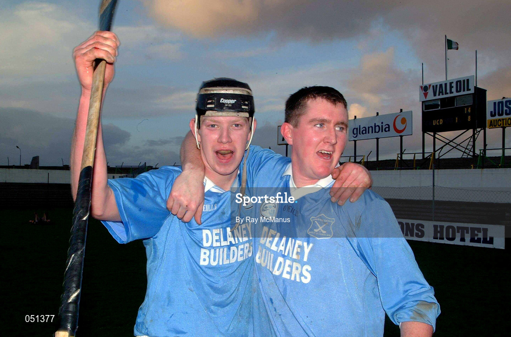 26 November 2000;  Paddy O'Dwyer and Michael Hoyne, left, celebrate after Graigue Ballycallan had beaten UCD during the AIB Leinster Senior Hurling Championship Final between Graigue Ballycallan and University College Dublin at Nowlan Park in Kilkenny. Photo by Ray McManus/Sportsfile