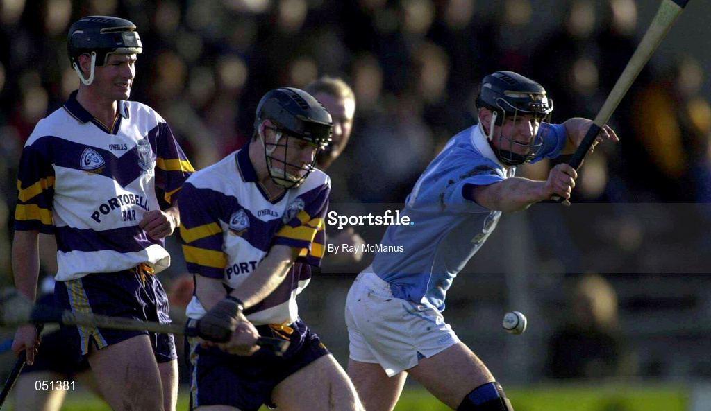 26 November 2000; Eddie O'Dwyer of UCD is tackled by John Hoyne of Graigue Ballycallan during the AIB Leinster Senior Hurling Championship Final between Graigue Ballycallan and University College Dublin at Nowlan Park in Kilkenny. Photo by Ray McManus/Sportsfile