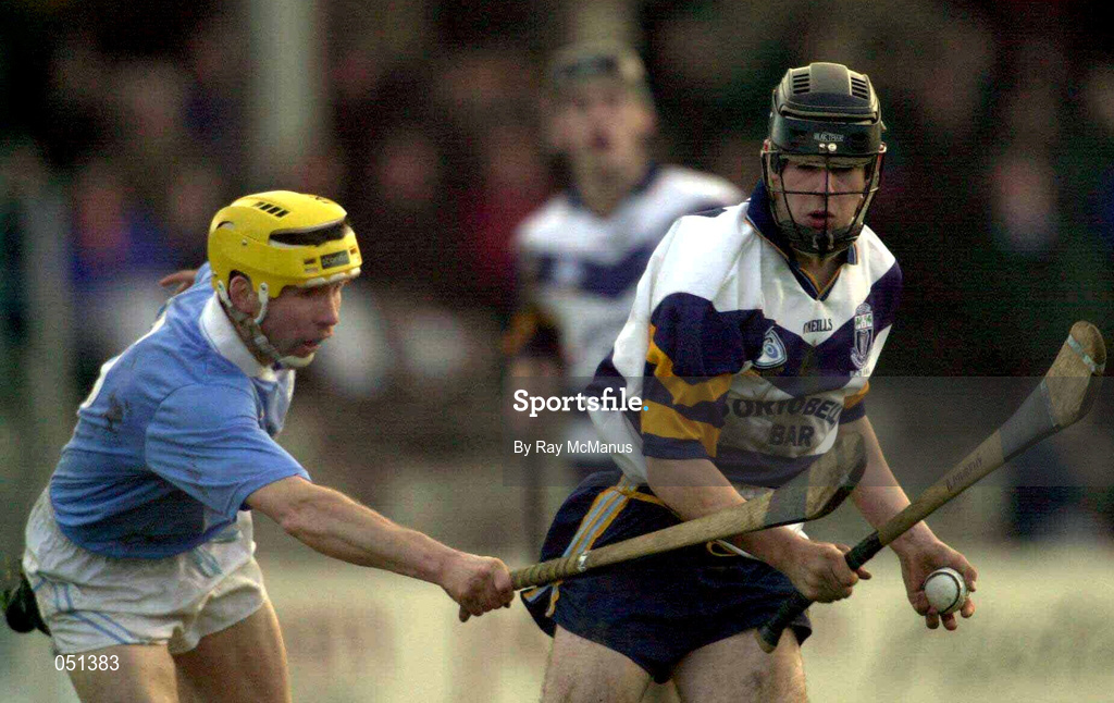 26 November 2000; Brendan Murphy of UCD is tackled by Tomas McCluskey of Graigue Ballycallan during the AIB Leinster Senior Hurling Championship Final between Graigue Ballycallan and University College Dublin at Nowlan Park in Kilkenny. Photo by Ray McManus/Sportsfile