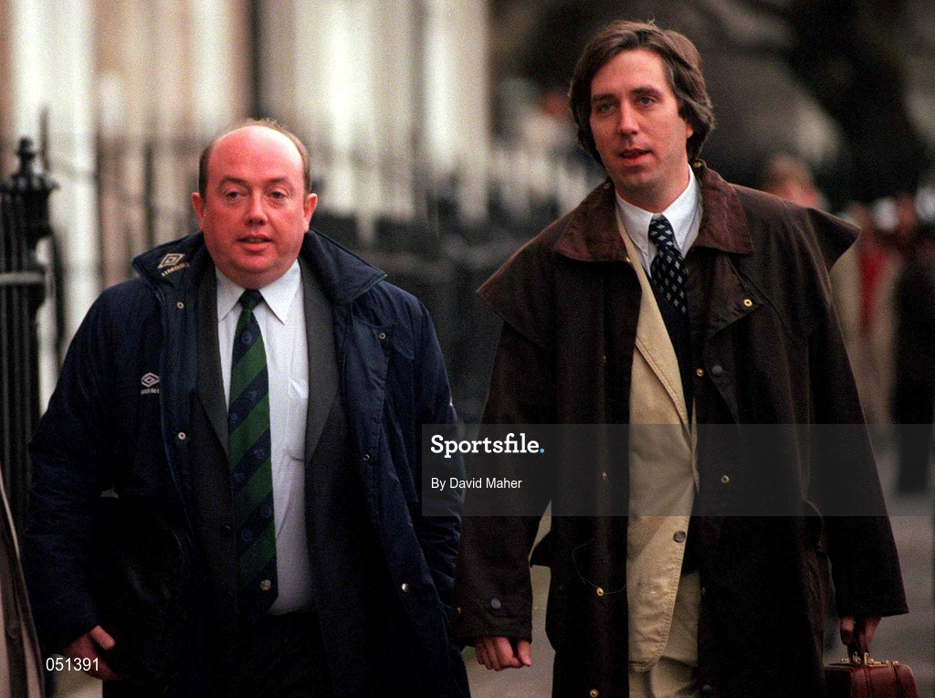 27 November 2000; FAI National Council members John Byrne, Galway United, left, and John Delaney, Waterford United, arrive for a meeting at the FAI Headquarters at Merrion Square in Dublin. Photo by David Maher/Sportsfile