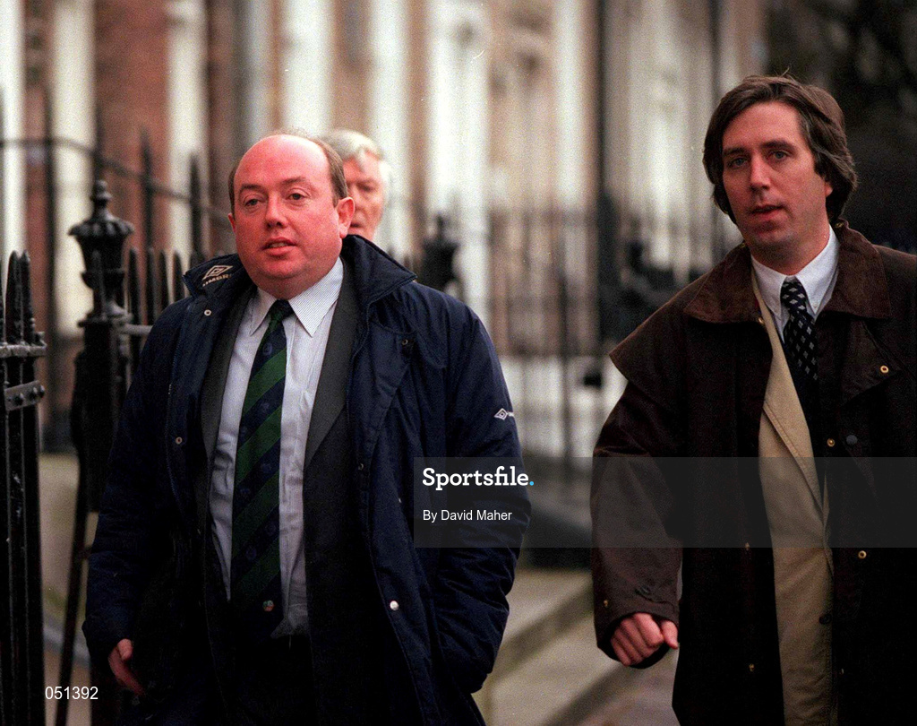 27 November 2000; FAI National Council members John Byrne, Galway United, left, and John Delaney, Waterford United, arrive for a meeting at the FAI Headquarters at Merrion Square in Dublin. Photo by David Maher/Sportsfile