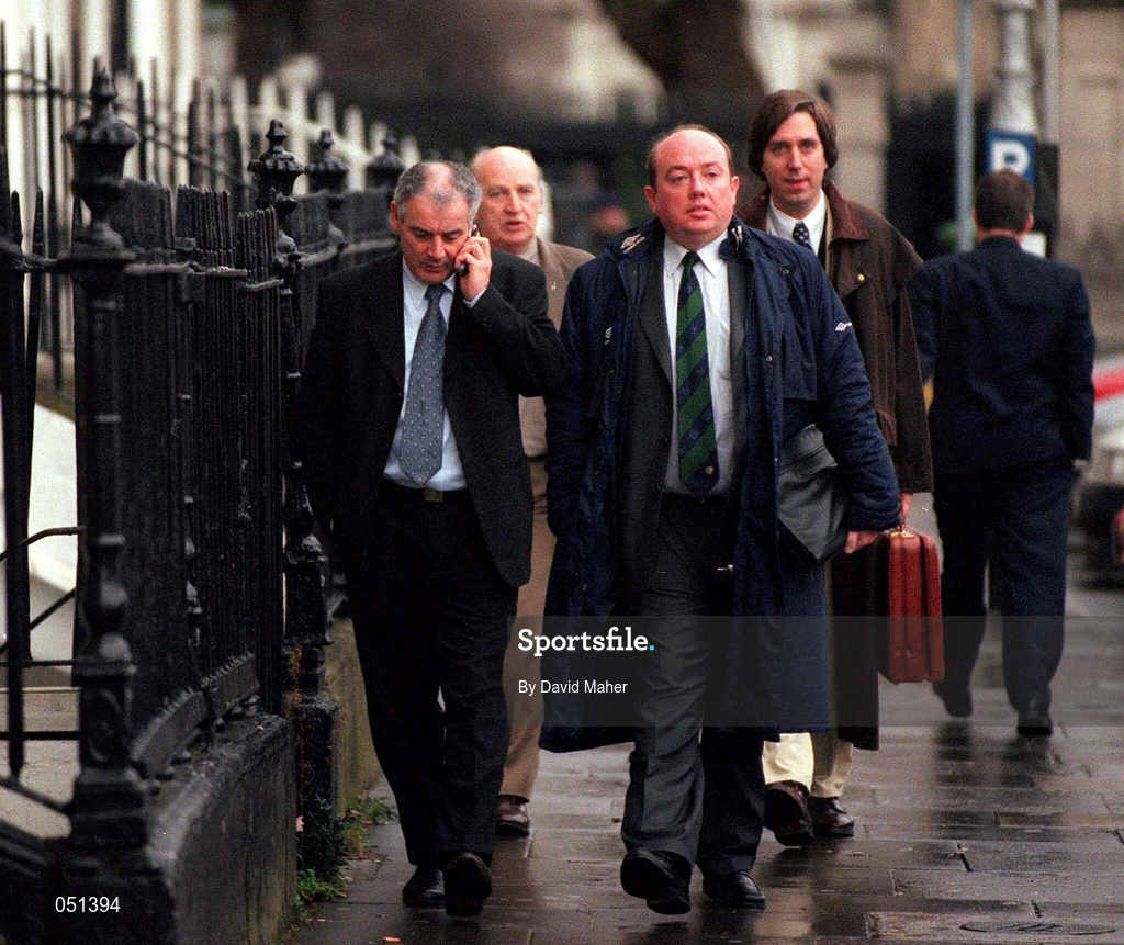 27 November 2000; FAI National Council members Joe Colwell, Shamrock Rovers, front left, John Byrne, Galway Utd., front right, Roy Gallagher, Sligo Rovers, back left and John Delaney, Waterford Utd., back right arrive for a meeting at the FAI Headquarters at Merrion Square in Dublin. Photo by David Maher/Sportsfile