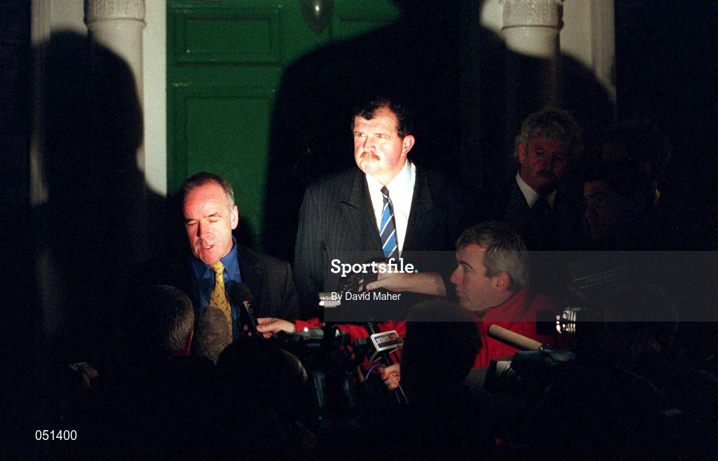 27 November 2000; Pat Quigley, President FAI, left and Bernard O'Byrne, Chief Executive FAI, speak to the media after a meeting  at FAI headquarters at Merrion Square in Dublin. Photo by David Maher/Sportsfile