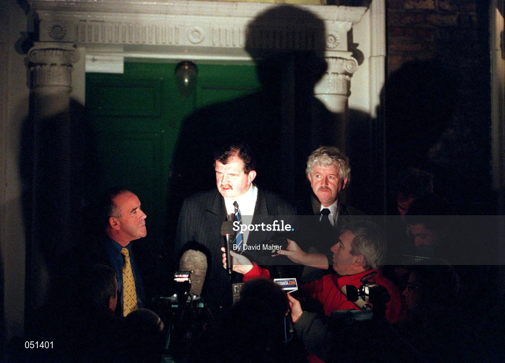 27 November 2000; From left, Pat Quigley, President FAI Bernard O'Byrne, Chief Executive FAI and Milo Corcoran, Vice President of the FAI National Council speak to the media after a meeting at the FAI Headquarters at Merrion Square in Dublin. Photo by David Maher/Sportsfile