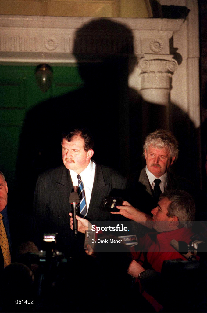 27 November 2000; From left, Pat Quigley, President FAI Bernard O'Byrne, Chief Executive FAI and Milo Corcoran, Vice President of the FAI National Council speak to the media after a meeting at the FAI Headquarters at Merrion Square in Dublin. Photo by David Maher/Sportsfile