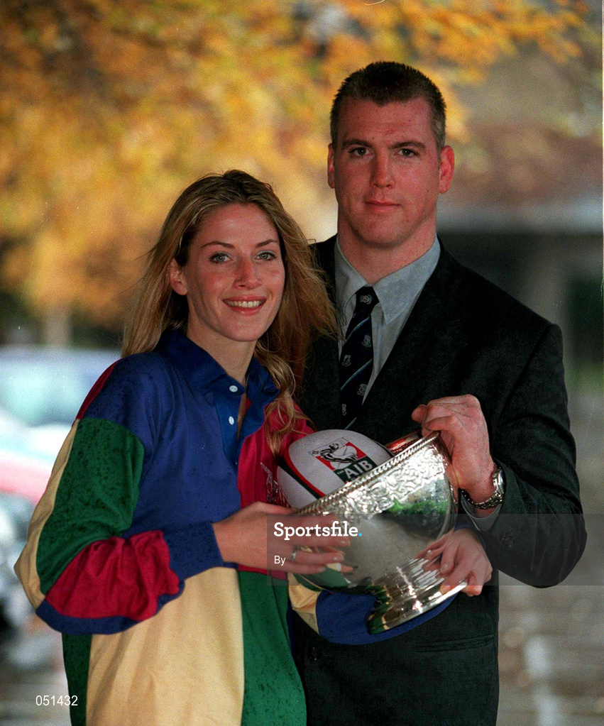 30 November 2000; Captain of defending champions St Mary's College, Victor Costello, pictured with Aine O'Sullivan at the launch of this year's AIB All-Ireland League at the AIB Bankcentre, Ballsbridge, Dublin. St Mary's begin their defence of the title this weekend against former champions Young Munster at Templeville Road. Rugby. Picture credit; Brendan Moran/SPORTSFILE