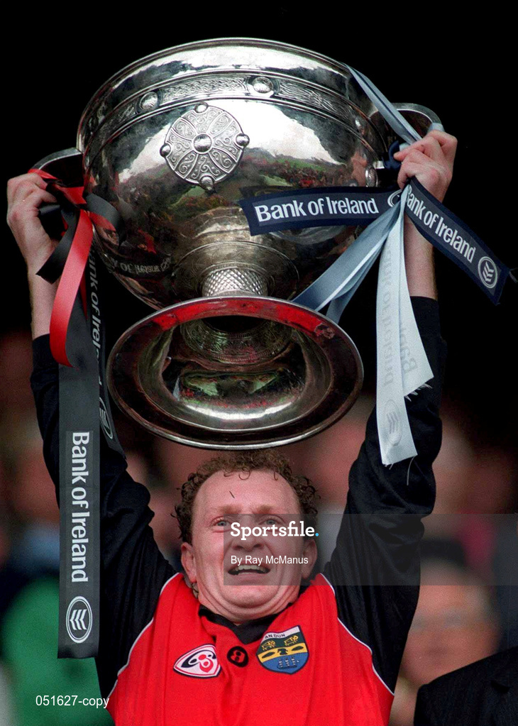 18 September 1994; Down captain D.J Kane lifts the Sam Maguire cup after defeating Dublin in the Bank of Ireland All-Ireland Senior Football Championship Final match between Down and Dublin at Croke Park in Dublin. Photo by Ray McManus/Sportsfile
