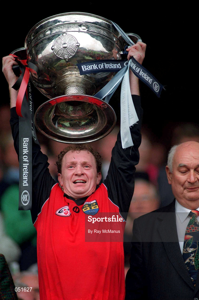 18 September 1994; Down captain DJ Kane lifts the Sam Maguire cup following the All Ireland Senior Football Final match between Dublin and Down at Croke Park in Dublin. Photo by Ray McManus/Sportsfile