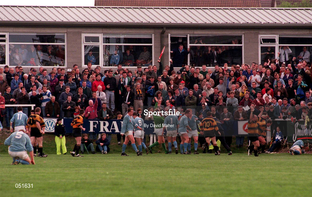 24 April 1996. The large crowd cheers as Young Munster players celebrate a try during the AIB League Division 1 match between Garryowen and Young Munster at Dooradoyle in Limerick. Photo by David Maher/Sportsfile