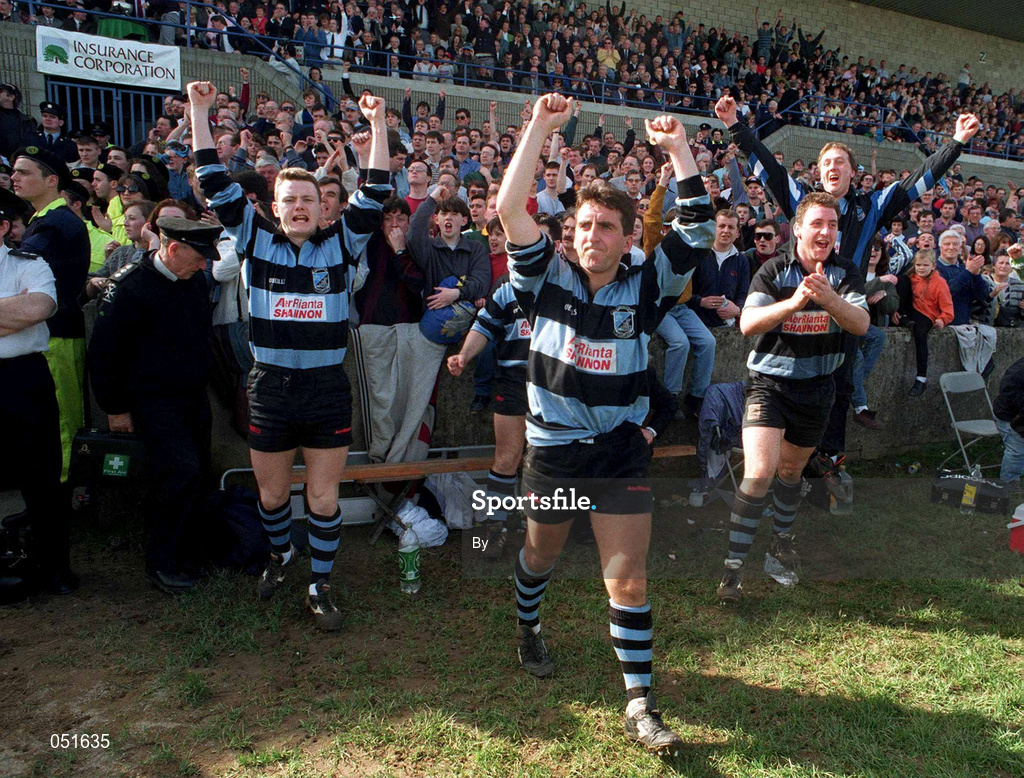 1 April 1995; The Shannon team celebrate winning the All-Ireland League. AIB League, Thomond Park, Limerick. Rugby. Picture credit; David Maher/SPORTSFILE