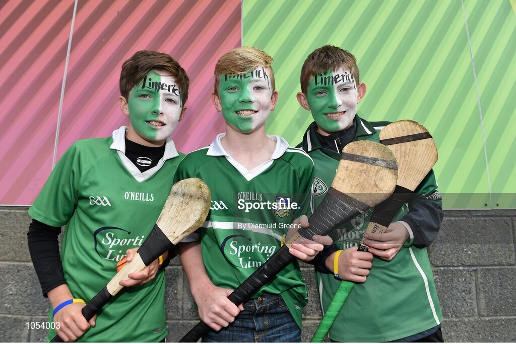 12 September 2015; Limerick supporters Caimin Hannon, aged 12, left, Eric Stritch, aged 11, centre, and Donal Hannon, aged 14, all from Castletroy, Co. Limerick, before the game. Bord Gais Energy GAA Hurling All-Ireland U21 Championship Final, Limerick v Wexford, Semple Stadium, Thurles, Co. Tipperary. Picture credit: Diarmuid Greene / SPORTSFILE