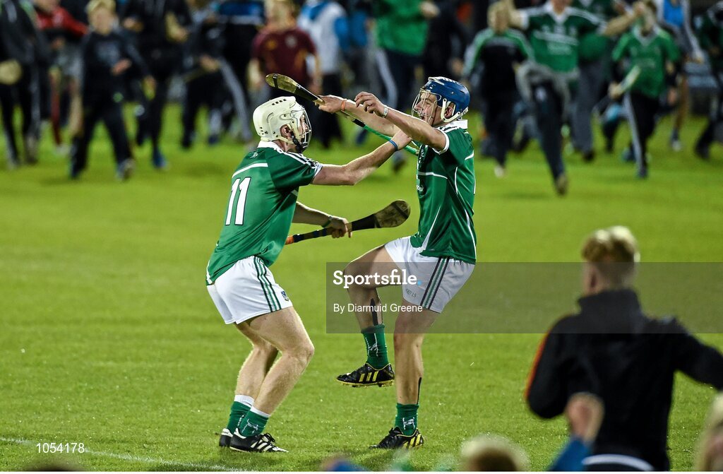 12 September 2015; Limerick's Cian Lynch and Michael Casey celebrate at the final whistle after victory over Wexford. Bord Gais Energy GAA Hurling All-Ireland U21 Championship Final, Limerick v Wexford, Semple Stadium, Thurles, Co. Tipperary. Picture credit: Diarmuid Greene / SPORTSFILE
