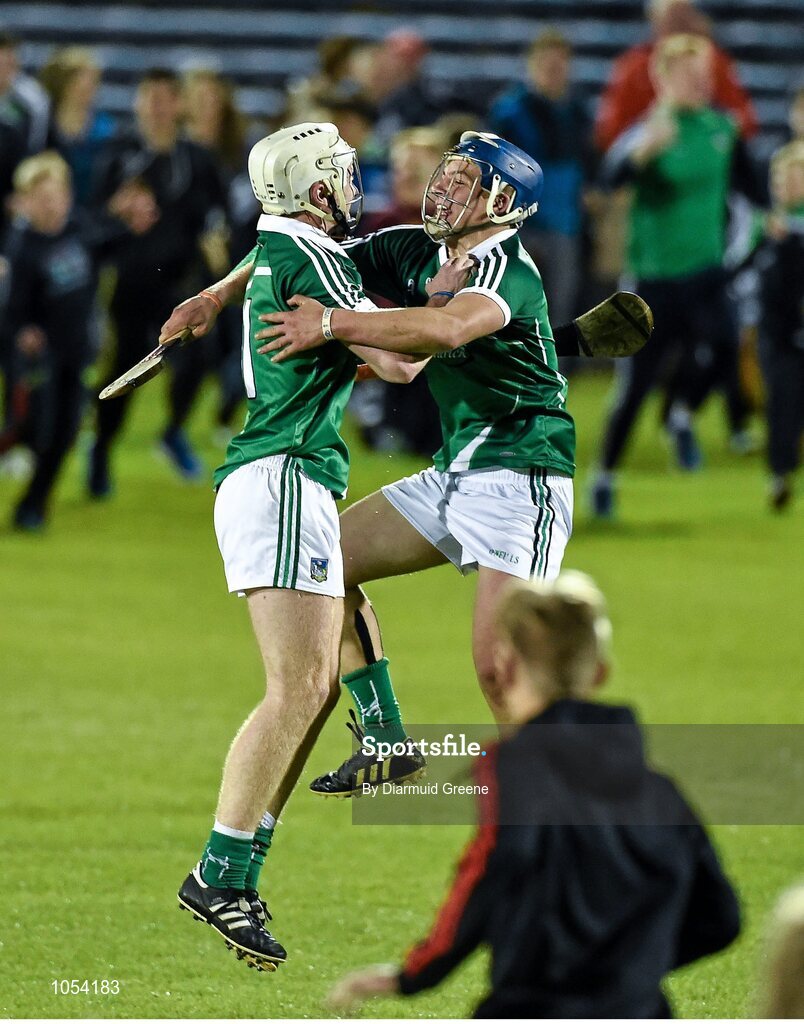 12 September 2015; Limerick's Cian Lynch and Michael Casey celebrate at the final whistle after victory over Wexford. Bord Gais Energy GAA Hurling All-Ireland U21 Championship Final, Limerick v Wexford, Semple Stadium, Thurles, Co. Tipperary. Picture credit: Diarmuid Greene / SPORTSFILE