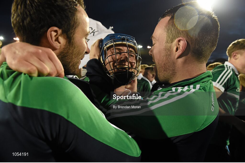12 September 2015; Mark O'Callaghan, centre, Limerick, celebrates after the final whistle. Bord Gais Energy GAA Hurling All-Ireland U21 Championship Final, Limerick v Wexford, Semple Stadium, Thurles, Co. Tipperary. Picture credit: Brendan Moran / SPORTSFILE