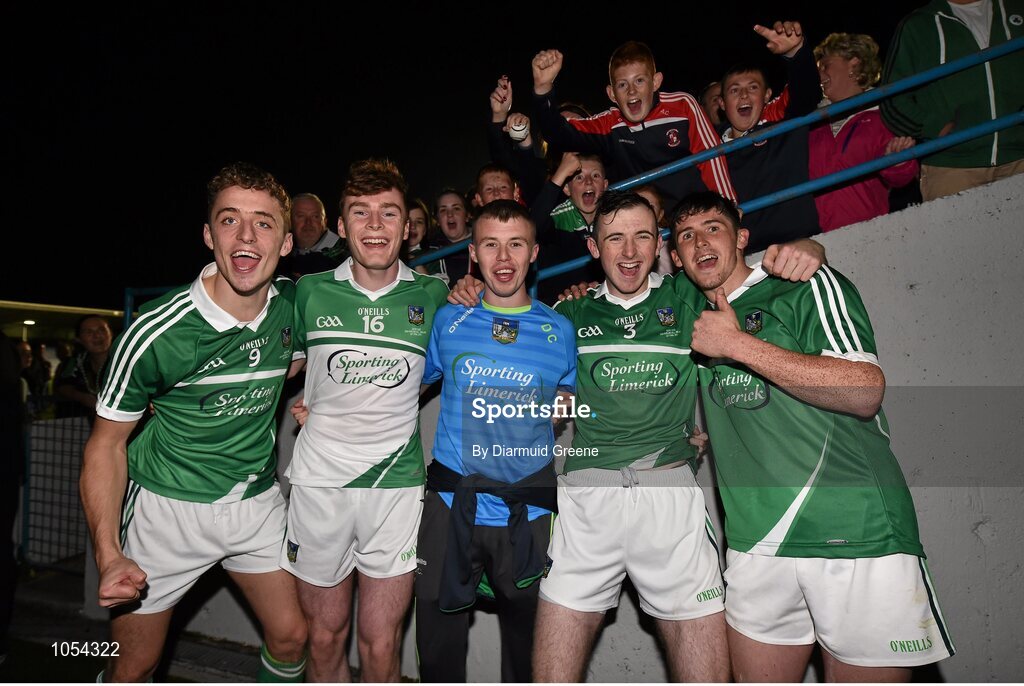 12 September 2015; Limerick players, from left and all from Doon GAA club, Pat Ryan, Eoghan McNamara, Dean Coleman, Richie English and Darragh O'Donovan celebrate after victory over Wexford. Bord Gais Energy GAA Hurling All-Ireland U21 Championship Final, Limerick v Wexford, Semple Stadium, Thurles, Co. Tipperary. Picture credit: Diarmuid Greene / SPORTSFILE
