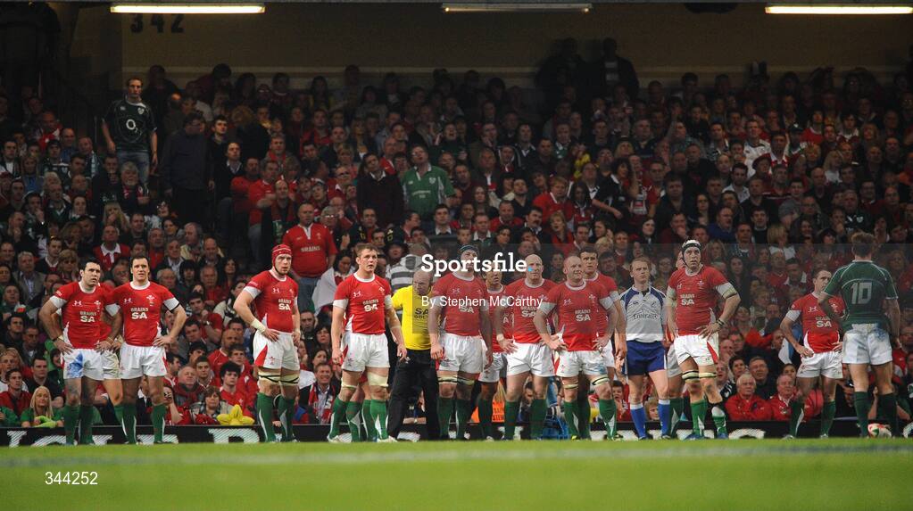 21 March 2009; Wales players await the referee's decision to award Brian O'Driscoll's try. RBS Six Nations Championship, Wales v Ireland, Millennium Stadium, Cardiff, Wales. Picture credit: Stephen McCarthy / SPORTSFILE