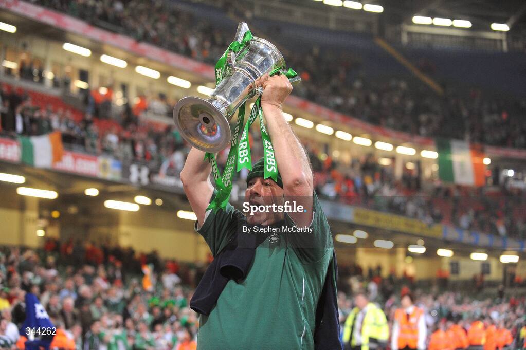 21 March 2009; Ireland baggage master Paddy 'Rala' O'Reilly celebrates with the RBS Six Nations Championship Trophy. RBS Six Nations Championship, Wales v Ireland, Millennium Stadium, Cardiff, Wales. Picture credit: Stephen McCarthy / SPORTSFILE