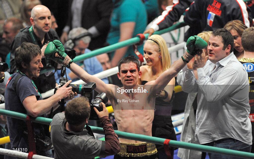 21 March 2009; Bernard Dunne celebrates after defeating Ricardo Cordoba in their WBA World Super Bantamweight title fight. Hunky Dory World Title Fight Night, Bernard Dunne v Ricardo Cordoba, The O2, Dublin. Picture credit: Ray Lohan / SPORTSFILE