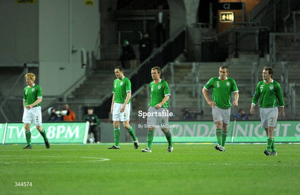 28 March 2009; Dejected Republic of Ireland players, from left, Paul McShane, John O'Shea, Glenn Whelan, Richard Dunne and Aidan McGeady after conceding a goal. 2010 FIFA World Cup Qualifier, Republic of Ireland v Bulgaria, Croke Park, Dublin. Picture credit: Stephen McCarthy / SPORTSFILE