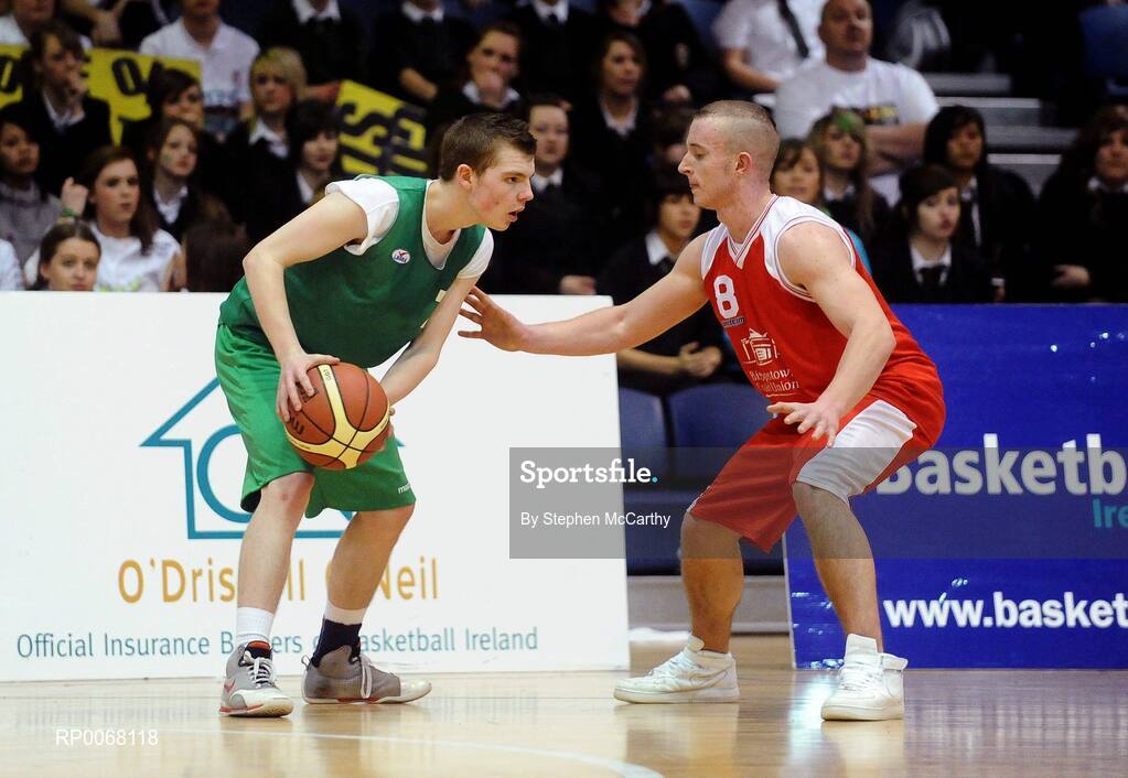 25 March 2009; Martin McDonnell, St. Patricks College, in action against Ger Hurley, Colaiste an Spioraid Naoimh. St. Patricks College Ballymena, Co. Antrim v Colaiste an Spioraid Naoimh, Bishopstown, Cork - U19B Boys - Schools Leagues Finals, National Basketball Arena, Tallaght, Dublin. Picture credit: Stephen McCarthy / SPORTSFILE
