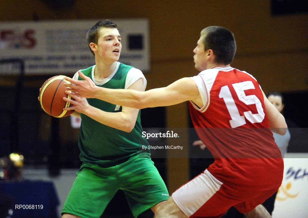 25 March 2009; Martin McDonald, Colaiste an Spioraid Naoimh, in action against Brendan Kiely, St. Patricks College. St. Patricks College Ballymena, Co. Antrim v Colaiste an Spioraid Naoimh, Bishopstown, Cork - U19B Boys - Schools Leagues Finals, National Basketball Arena, Tallaght, Dublin. Picture credit: Stephen McCarthy / SPORTSFILE