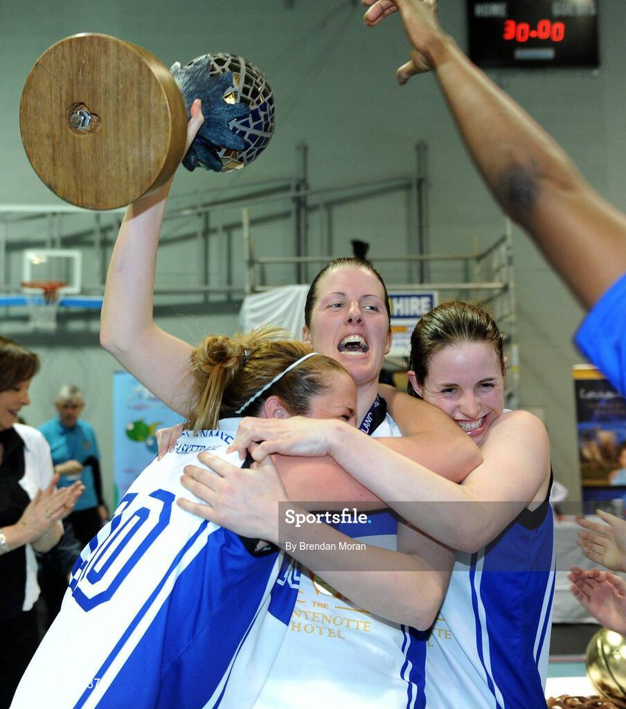 28 March 2009; Team Montenotte Hotel Cork captain Michelle Fahy celebrates with team-mates Grainne, left, and Niamh Dwyer and the Women's Superleague trophy. Basketball Ireland’s Women’s Superleague Final, DCU Mercy v Team Montenotte Hotel Cork, Aura Complex, Letterkenny, Co. Donegal. Picture credit: Brendan Moran / SPORTSFILE
