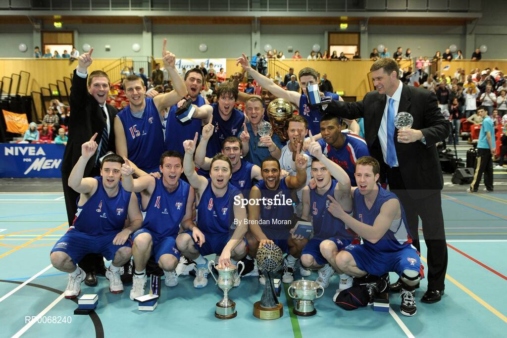 28 March 2009; The UCC Demons team celebrate winning the Men's Superleague Final, having already won the Men's Southern Conference title and National Cup this year. Nivea For Men’s Superleague Final, DART Killester v UCC Demons, Aura Complex, Letterkenny, Co. Donegal. Picture credit: Brendan Moran / SPORTSFILE