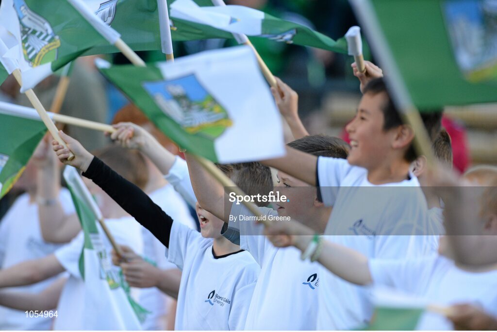 12 September 2015; Bord Gais Energy flagbearers before the game. Bord Gais Energy GAA Hurling All-Ireland U21 Championship Final, Limerick v Wexford, Semple Stadium, Thurles, Co. Tipperary. Picture credit: Diarmuid Greene / SPORTSFILE