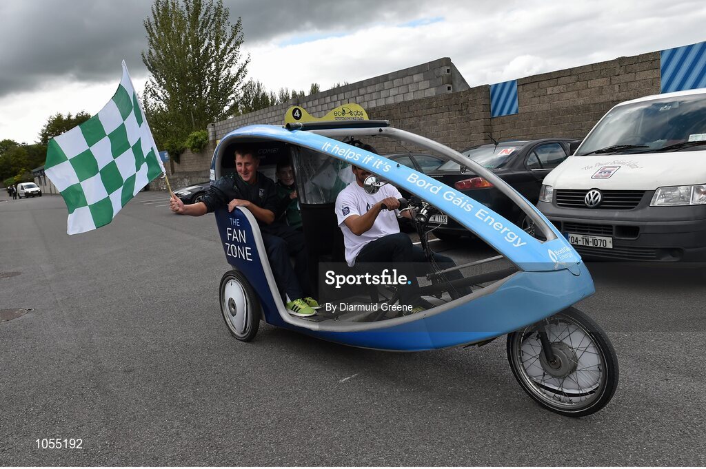 12 September 2015; Limerick supporters Conor O'Malley, left, and Donal Hannon, aged 14, from Castletroy, Co. Limerick, on an eco-bike in the Bord Gais Energy fanzone before the game. Bord Gais Energy GAA Hurling All-Ireland U21 Championship Final, Limerick v Wexford, Semple Stadium, Thurles, Co. Tipperary. Picture credit: Diarmuid Greene / SPORTSFILE