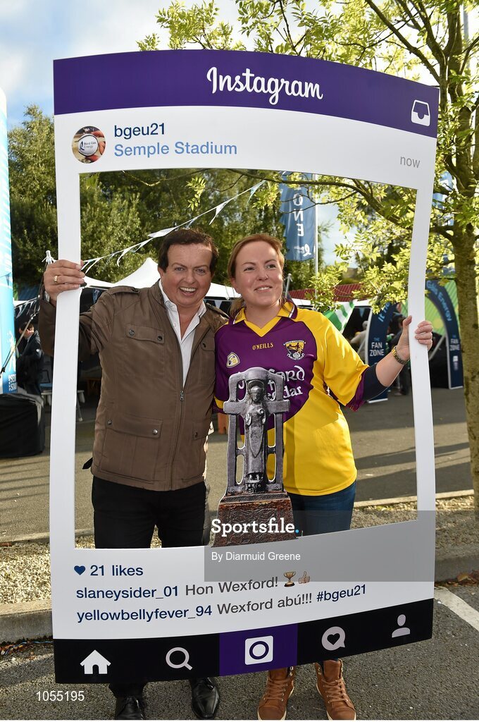 12 September 2015; Wexford supporter Caitriona Murphy, from Ferns, Co. Wexford, gets an 'instagram' photograph with Marty Morrissey in the Bord Gais Energy fanzone before the game. Bord Gais Energy GAA Hurling All-Ireland U21 Championship Final, Limerick v Wexford, Semple Stadium, Thurles, Co. Tipperary. Picture credit: Diarmuid Greene / SPORTSFILE