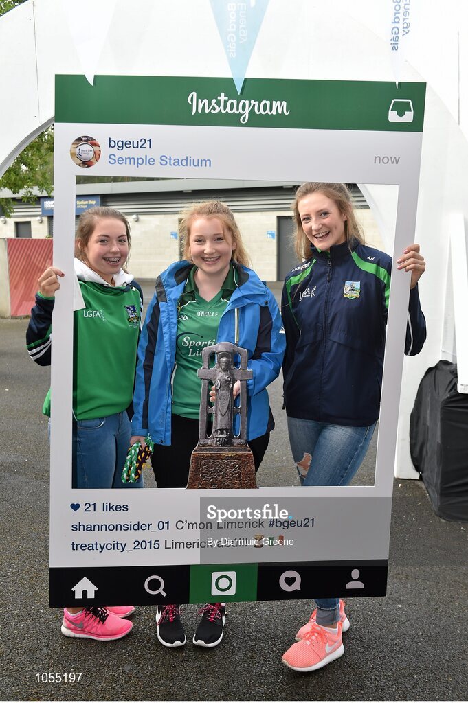 12 September 2015; Limerick supporters Emer Kirby, from Lough Gur, Jane Kirby, from Knockainey, and Ava Hartigan, from Lough Gur, Co. Limerick, get an 'instagram' picture taken in the Bord Gais Energy fanzone before the game. Bord Gais Energy GAA Hurling All-Ireland U21 Championship Final, Limerick v Wexford, Semple Stadium, Thurles, Co. Tipperary. Picture credit: Diarmuid Greene / SPORTSFILE