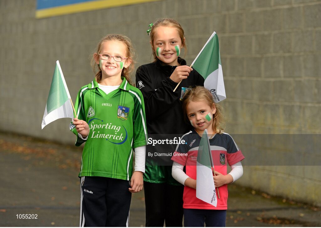 12 September 2015; Limerick supporters, and sisters, Catriona, aged 7, Sarah, aged 10, and Molly Dillon, aged 4, from Pallasgreen, Co. Limerick, before the game. Bord Gais Energy GAA Hurling All-Ireland U21 Championship Final, Limerick v Wexford, Semple Stadium, Thurles, Co. Tipperary. Picture credit: Diarmuid Greene / SPORTSFILE