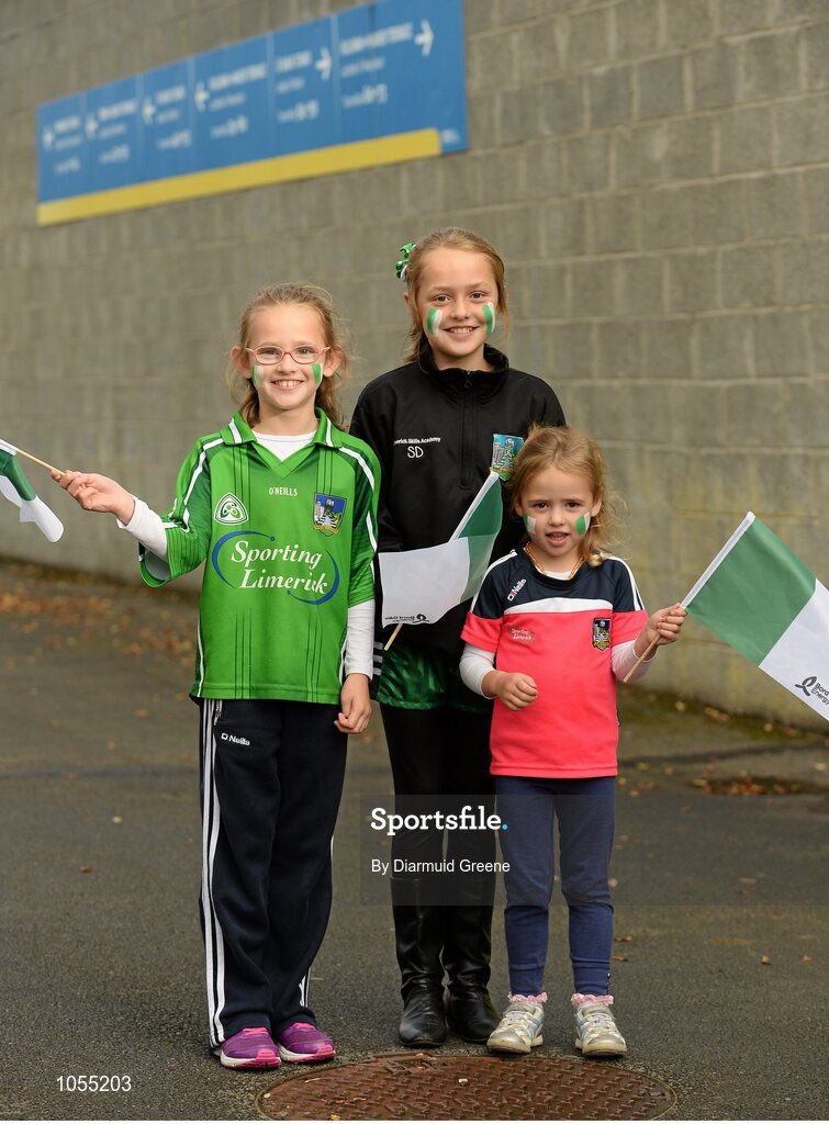12 September 2015; Limerick supporters, and sisters, Catriona, aged 7, Sarah, aged 10, and Molly Dillon, aged 4, from Pallasgreen, Co. Limerick, before the game. Bord Gais Energy GAA Hurling All-Ireland U21 Championship Final, Limerick v Wexford, Semple Stadium, Thurles, Co. Tipperary. Picture credit: Diarmuid Greene / SPORTSFILE