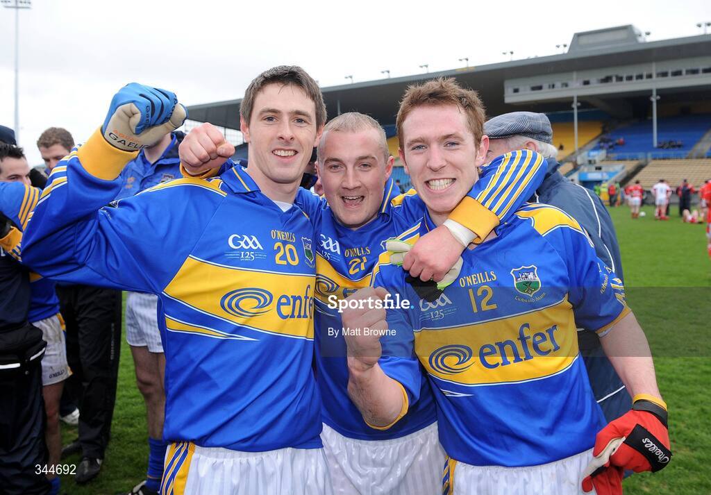 29 March 2009; Tipperary players Laurence Coskeran, 20, Christopher Aylward, 21, and Brian Mulvihill celebrate after the final whistle against Louth. Allianz GAA NFL Division 3, Round 6, Tipperary v Louth, Semple Stadium, Thurles, Co. Tipperary. Picture credit: Matt Browne / SPORTSFILE
