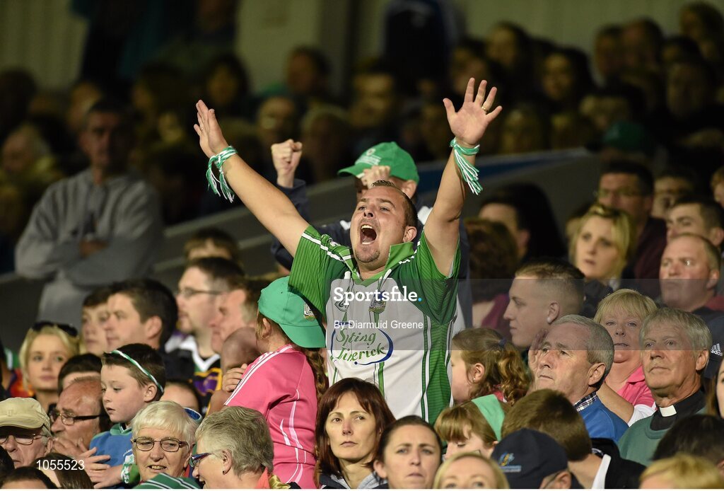12 September 2015; Limerick supporters celebrate a point during the second half. Bord Gais Energy GAA Hurling All-Ireland U21 Championship Final, Limerick v Wexford, Semple Stadium, Thurles, Co. Tipperary. Picture credit: Diarmuid Greene / SPORTSFILE